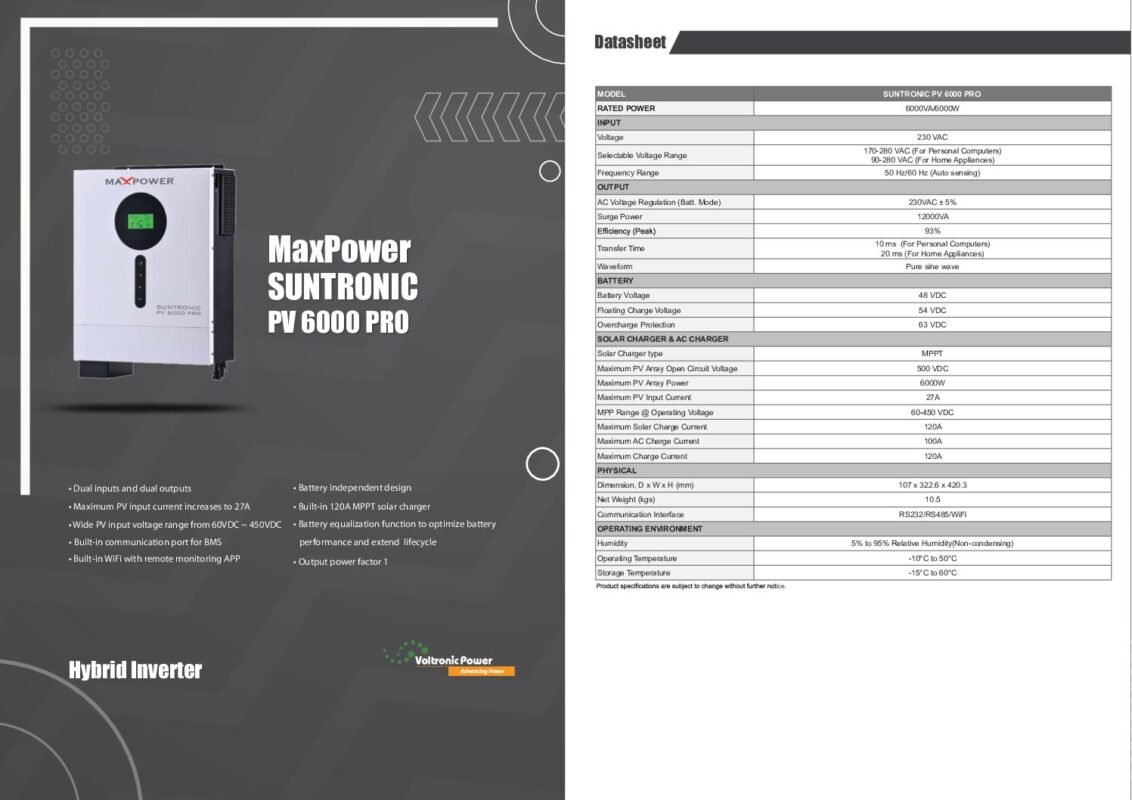 Suntronics Components Suntronic PV6000 Inverter | 6kW Solar MPPT IP21 in Pakistan